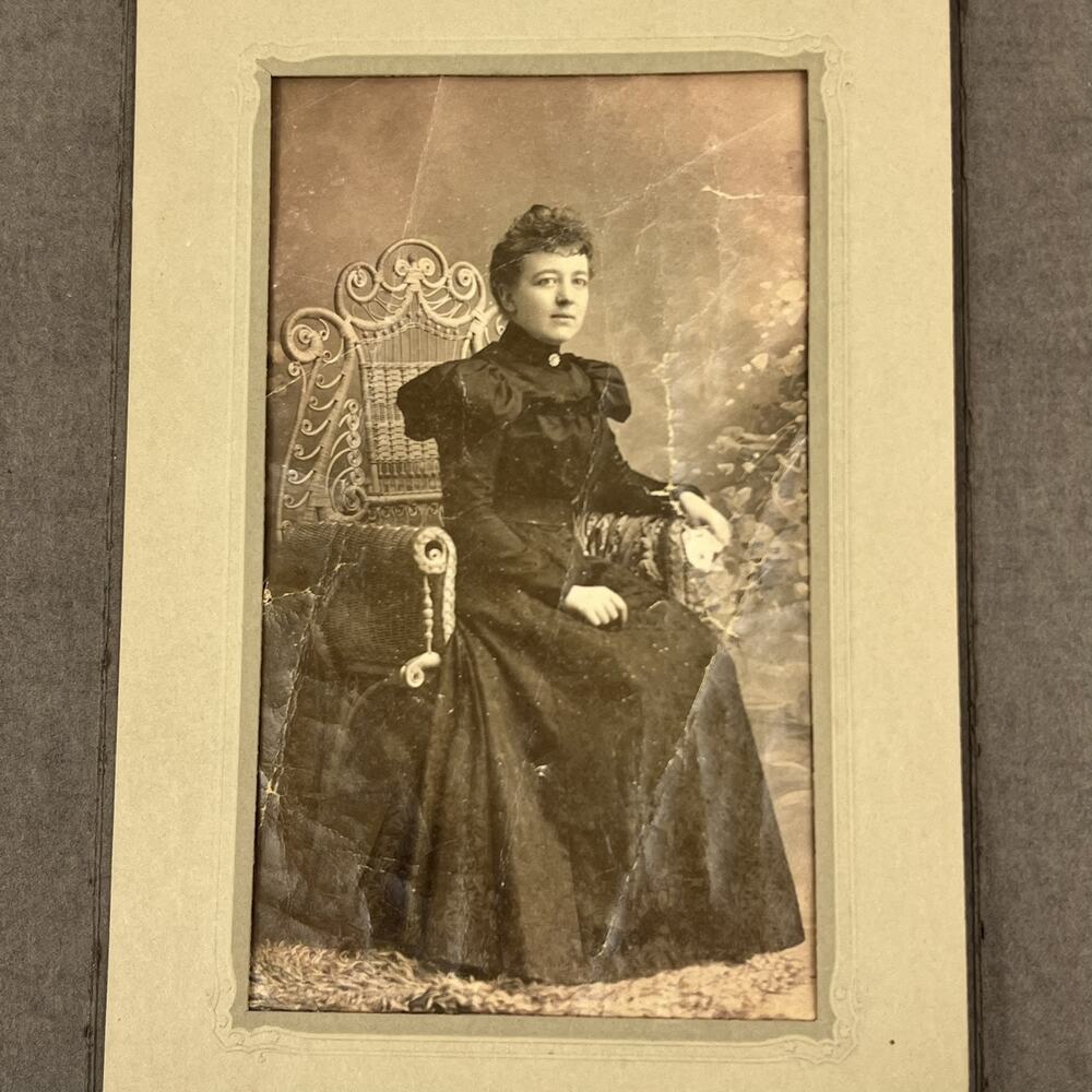 Antique Cabinet Card Photo Victorian Woman Black Dress Wicker Chair C1900
